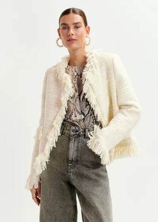 Off - white fringed wool - blend bouclé jacket - obligato