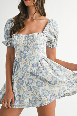 Puff Sleeve Bustier Mini Dress in Blue Sky Blooms - obligato