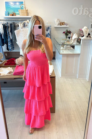 Strapless Tier Maxi Dress in Hot Pink - obligato