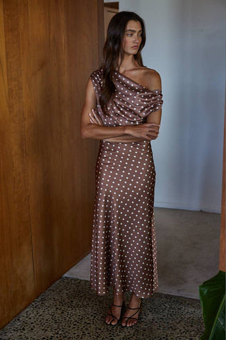 Woven Satin Polka Dot Cowl Neck Maxi Dress: Chocolate / S - obligato