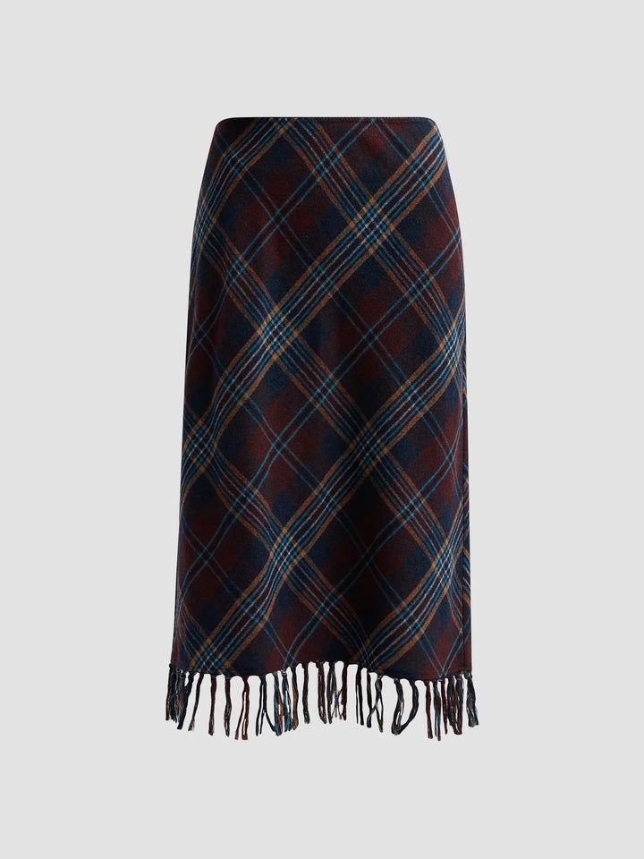 Elowette Knotted Fringe Skirt in Plaid
