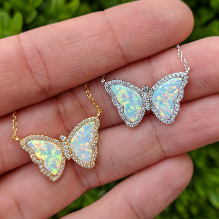 Opal Butterfly Necklace With Crystals: Tangerine Opal / Gold