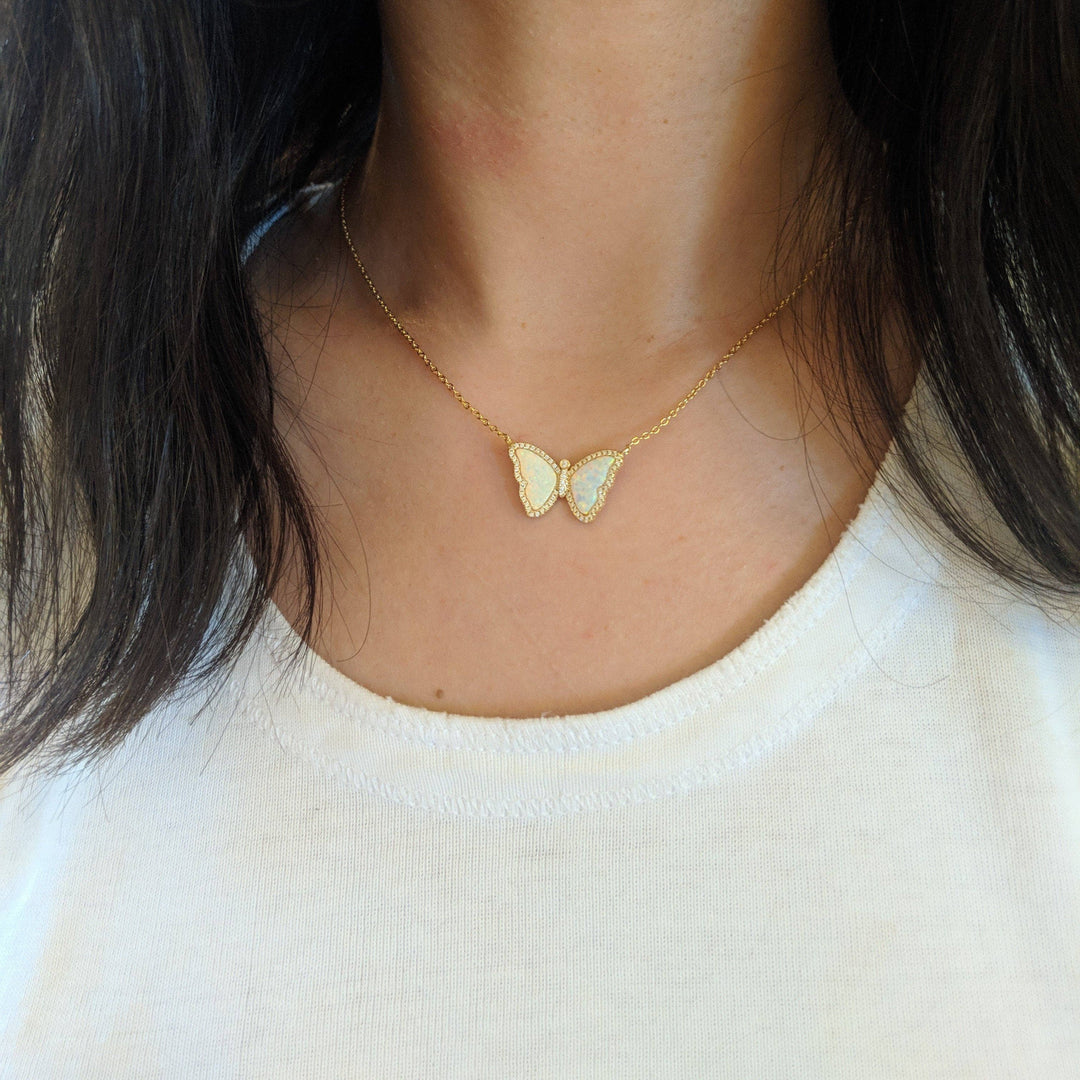 Opal Butterfly Necklace With Crystals: Tangerine Opal / Gold