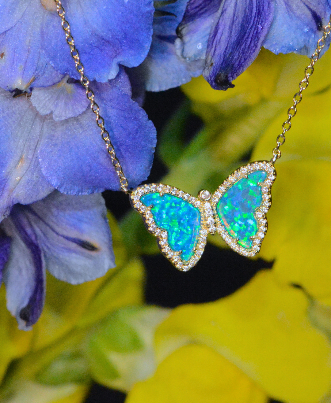 Opal Butterfly Necklace With Crystals: Tangerine Opal / Gold