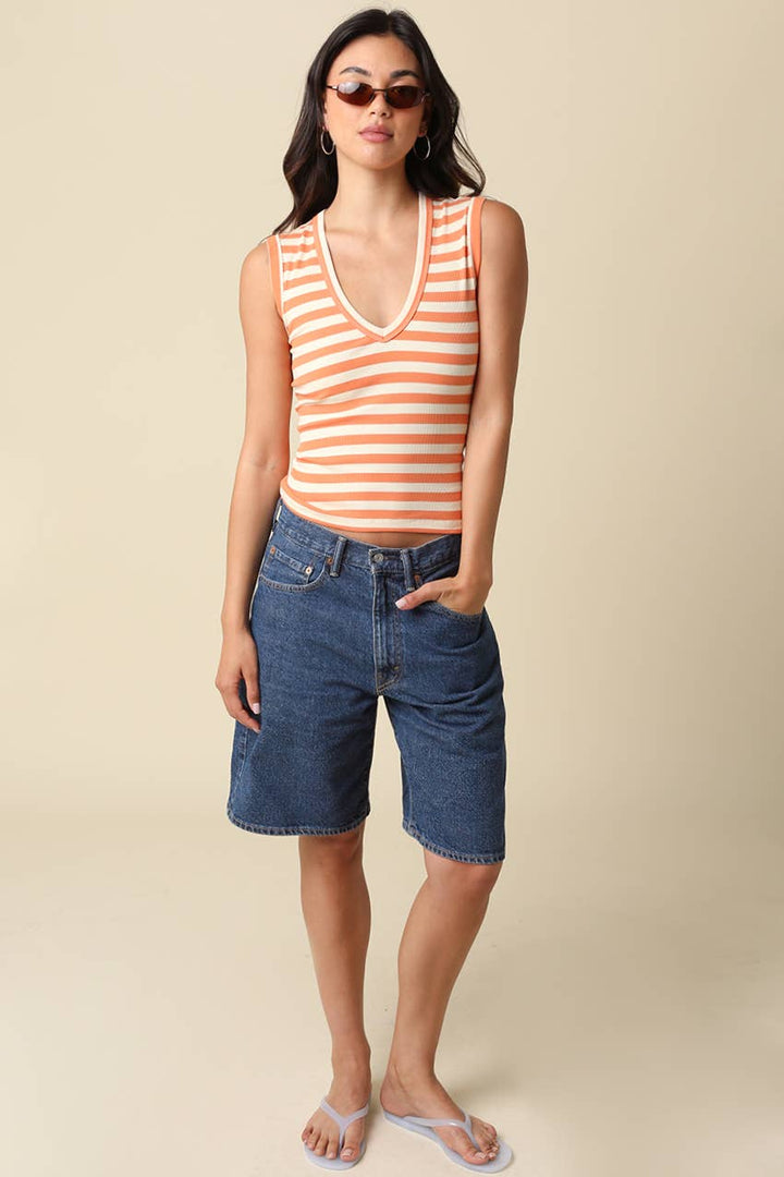 Emma Striped V-Neck Tank Top: Natural Orange / Contemporary /
