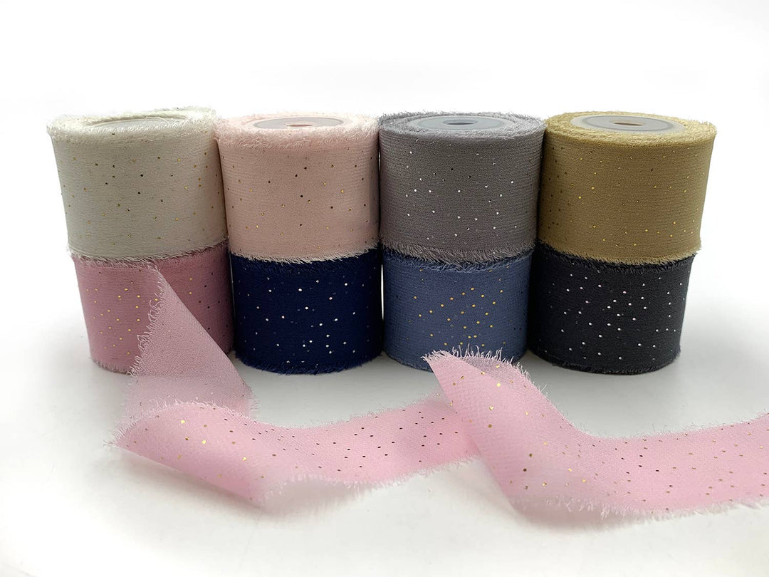 1.25" Pink Mini Gold Metallic Dot Silk Georgette Ribbon - obligato