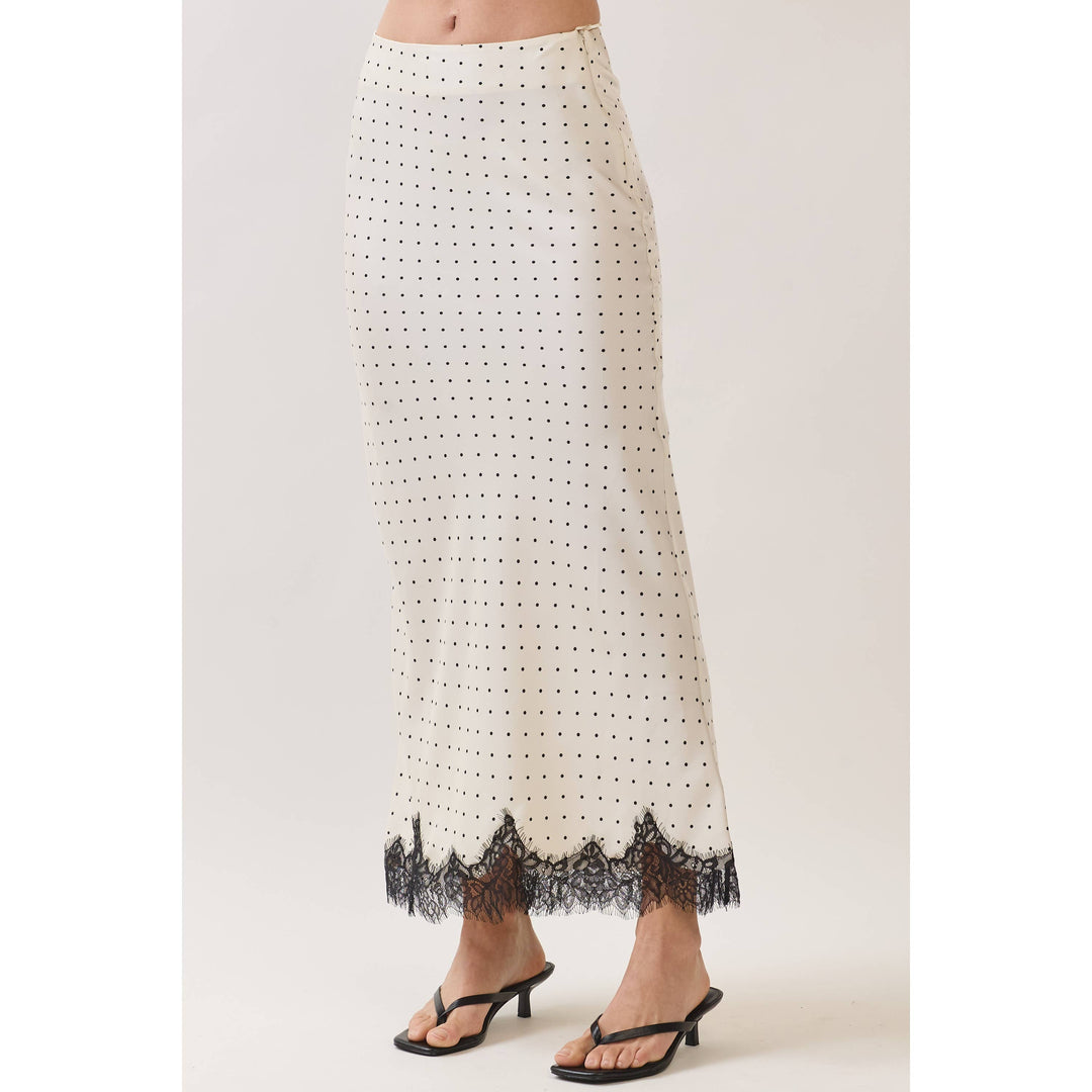 Polka Dot Satin Lace Trim Maxi Skirt in Off white