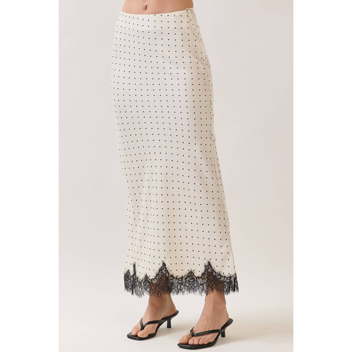 Polka Dot Satin Lace Trim Maxi Skirt in Off white