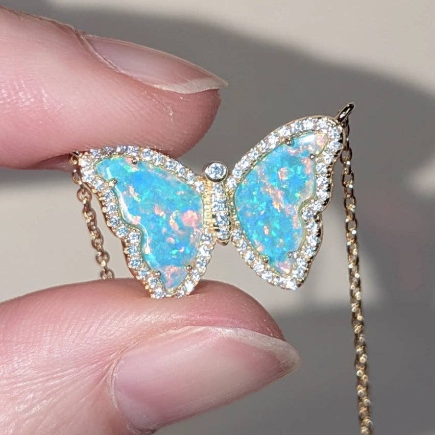 Opal Butterfly Necklace With Crystals: Tangerine Opal / Gold