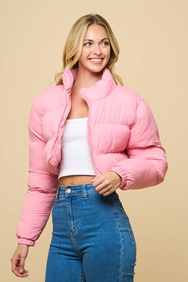 2472 - HIGHNECK CROPPED PUFFER JACKET: Pink / M - obligato