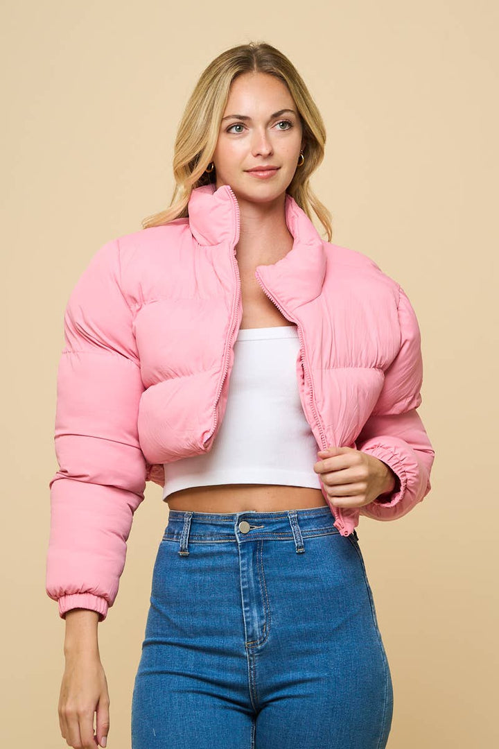 2472 - HIGHNECK CROPPED PUFFER JACKET: Pink / S - obligato