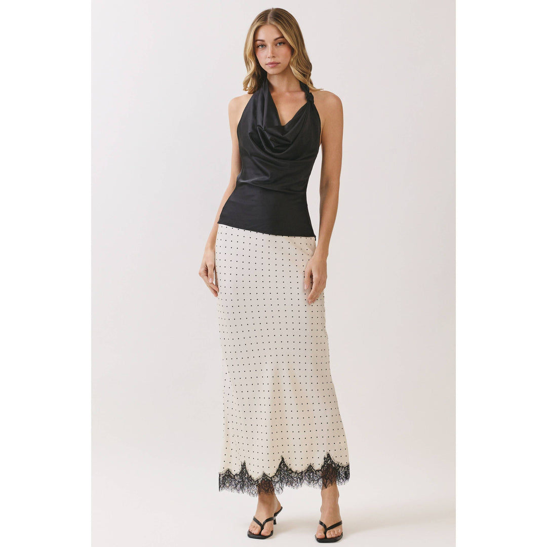 Polka Dot Satin Lace Trim Maxi Skirt in Off white