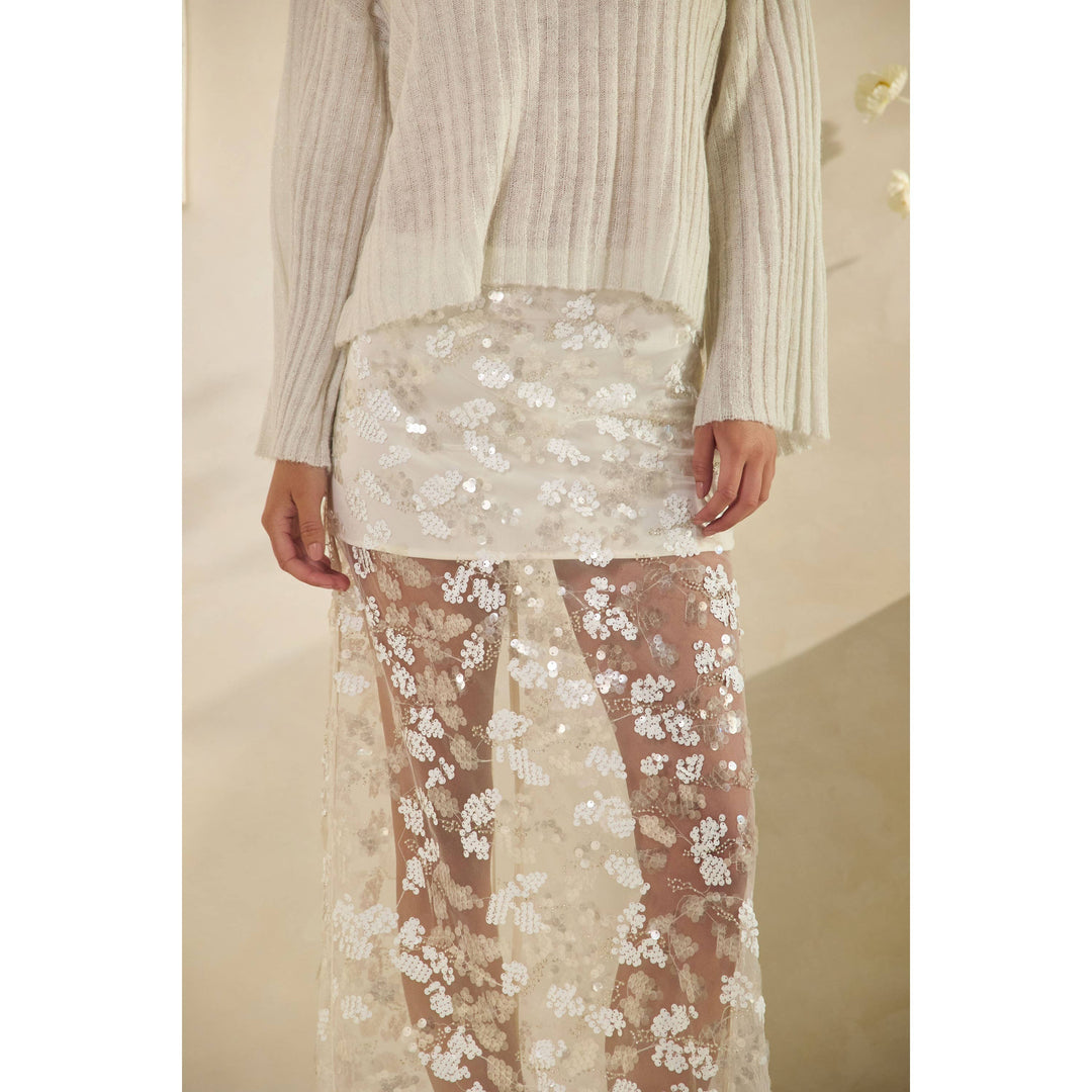 Floral Sequin Mesh Maxi Skirt in White
