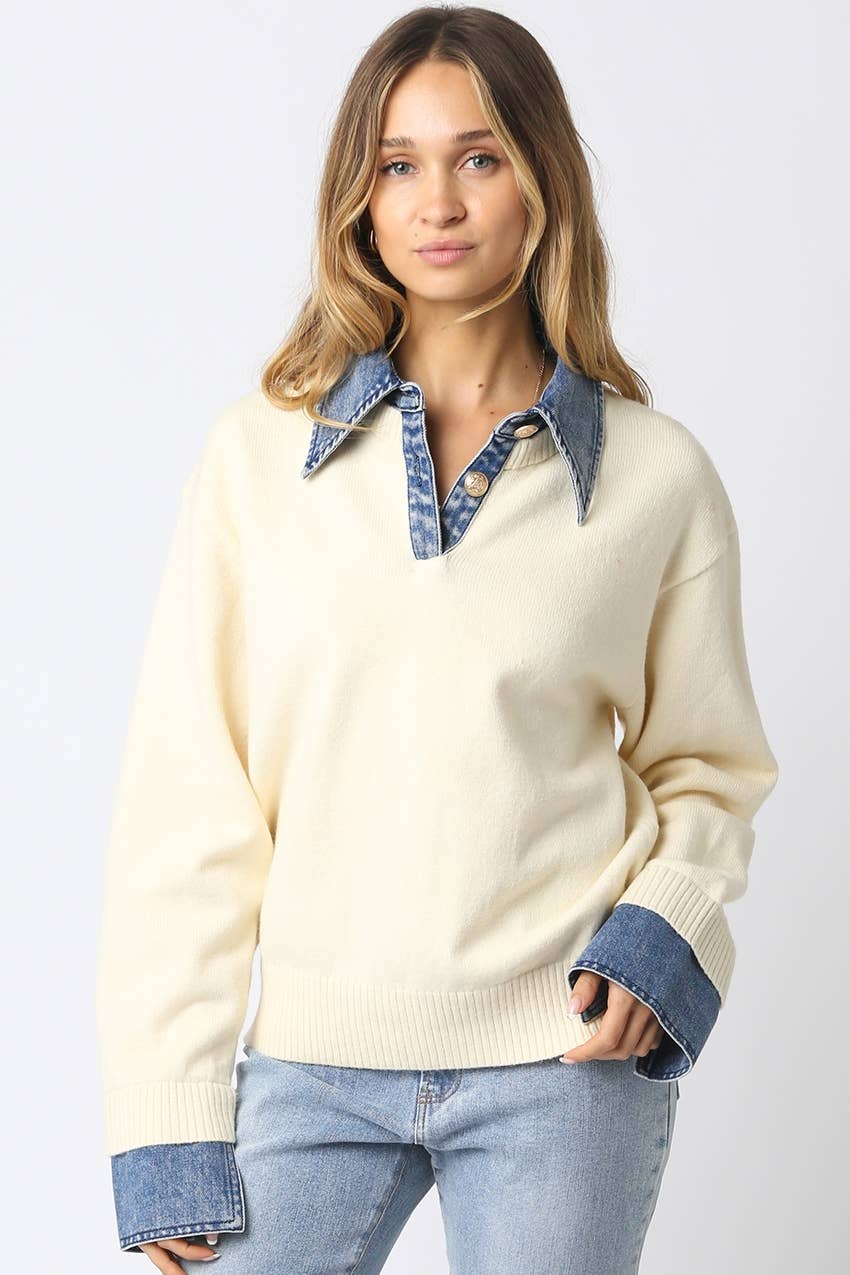 Emely Contrast Knit Sweater: KHAKI LT DENIM / L