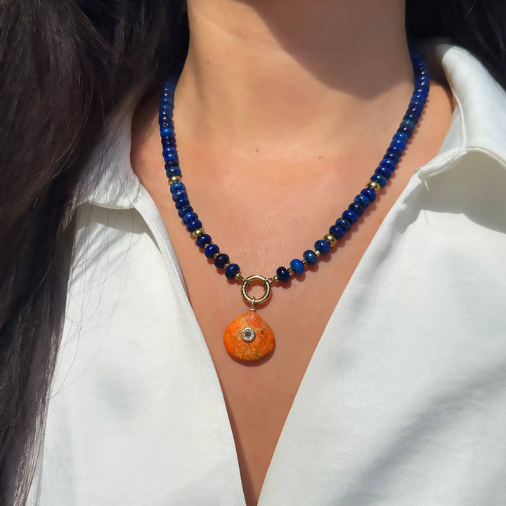 Orange Coral Gemstone Pendant With Topaz: Fan