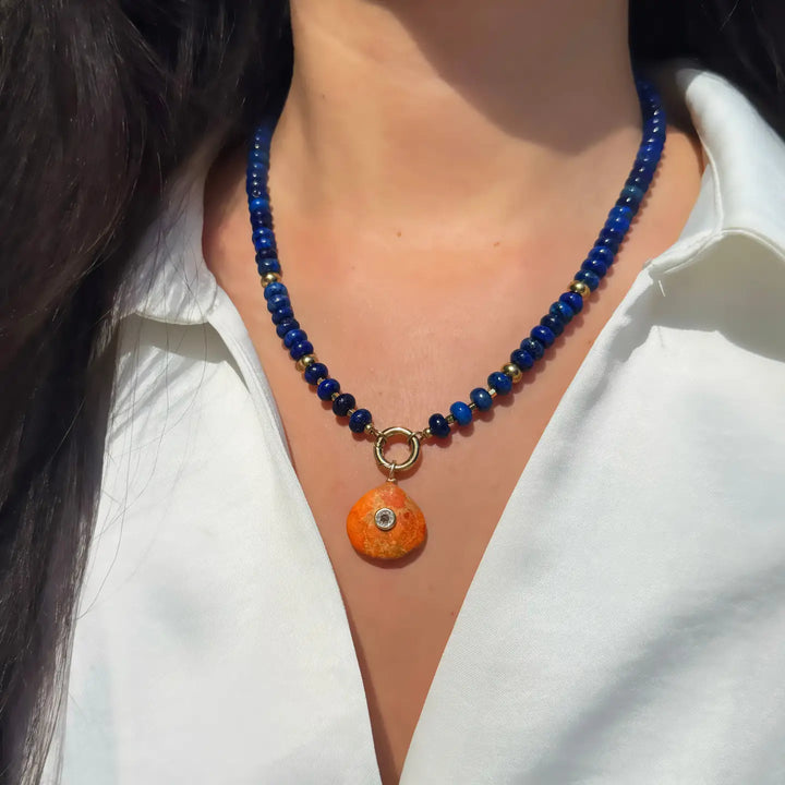 Orange Coral Gemstone Pendant with Topaz - Fan