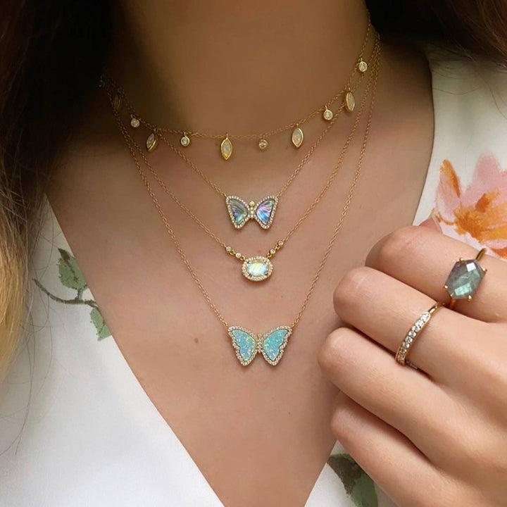 Opal Butterfly Necklace With Crystals: Tangerine Opal / Gold