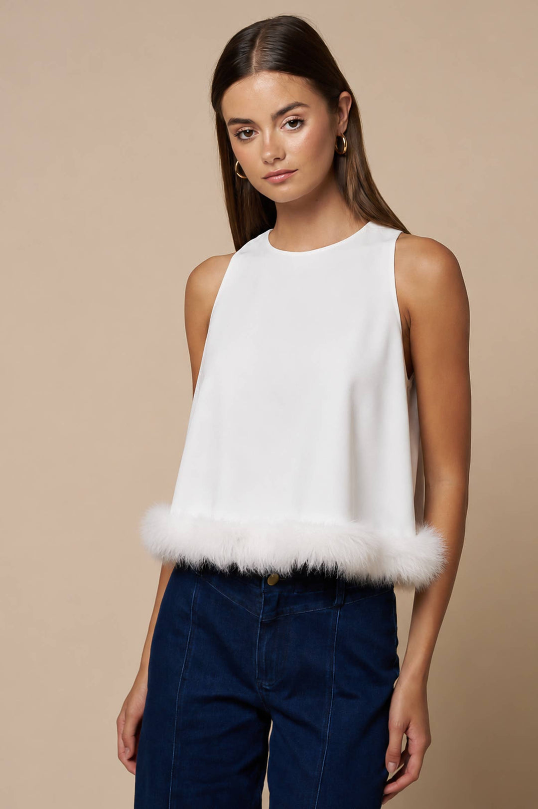 Feather Trim Sleeveless Top in White