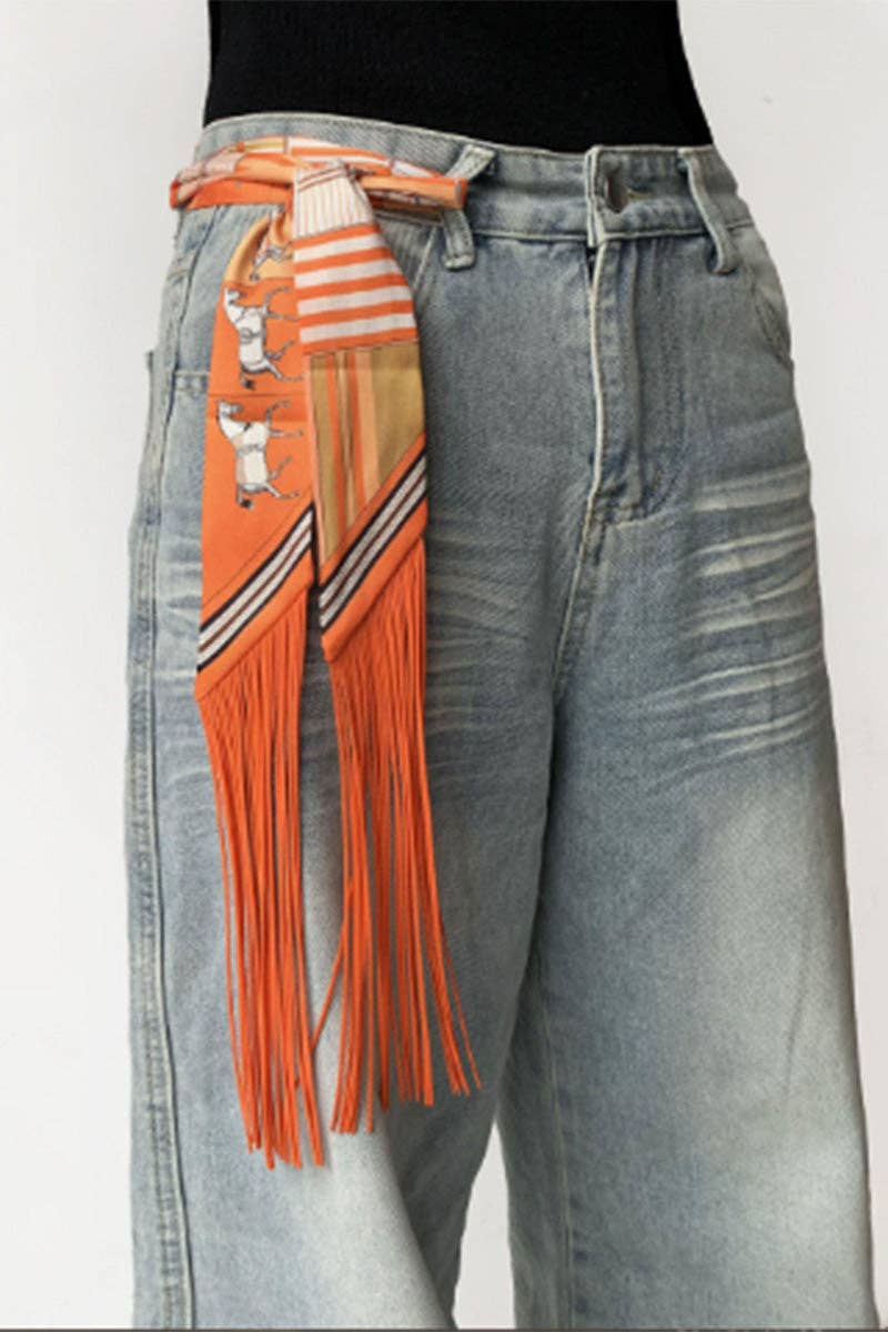 Printed Fringed Detail Scarf in Orange