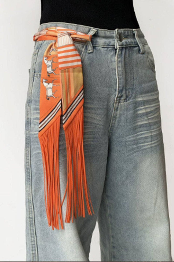 Printed Fringed Detail Scarf in Orange