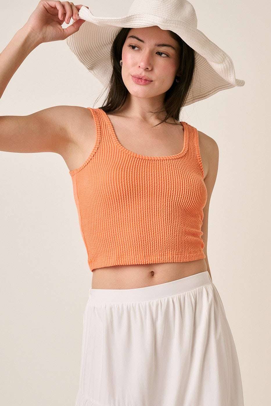 URBAN RIB KNIT SCOOP NECK CROP TANK TOP: ORANGE / S-M-L(2-2-2)