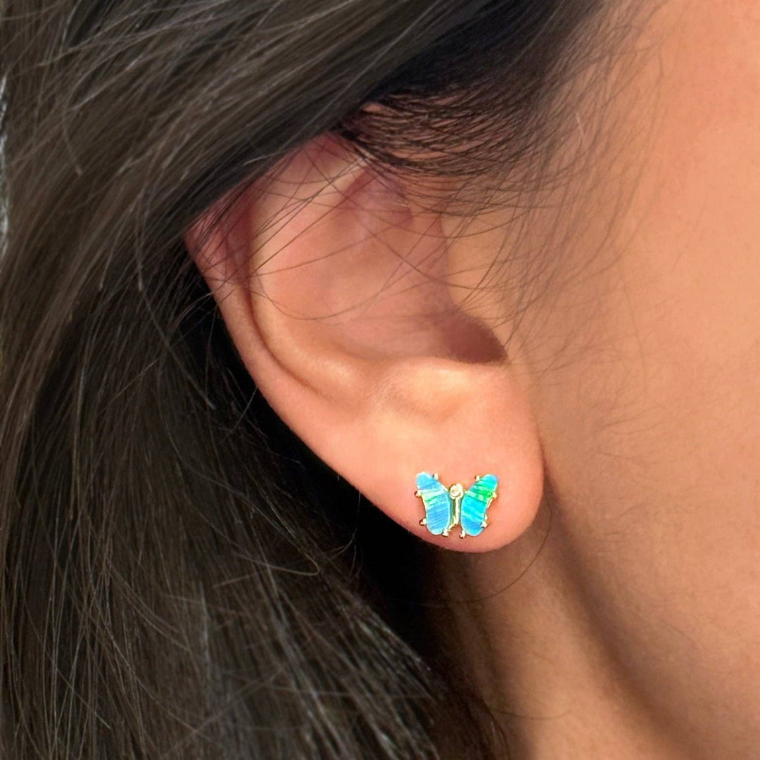 Opal Butterfly Stud Earrings: Light Blue Opal / Gold