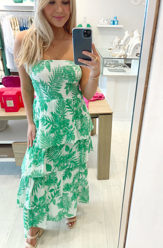 Strapless Tier Maxi Dress in Green Palm