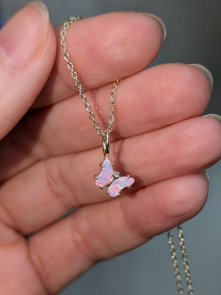 Mini Opal Butterfly Charm Necklace: Tangerine Opal / Gold