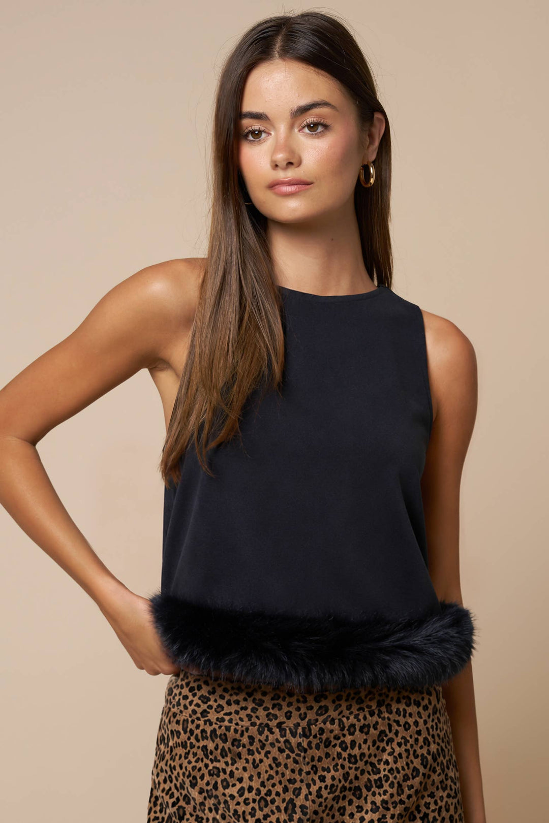 Feather Trim Sleeveless Top in White