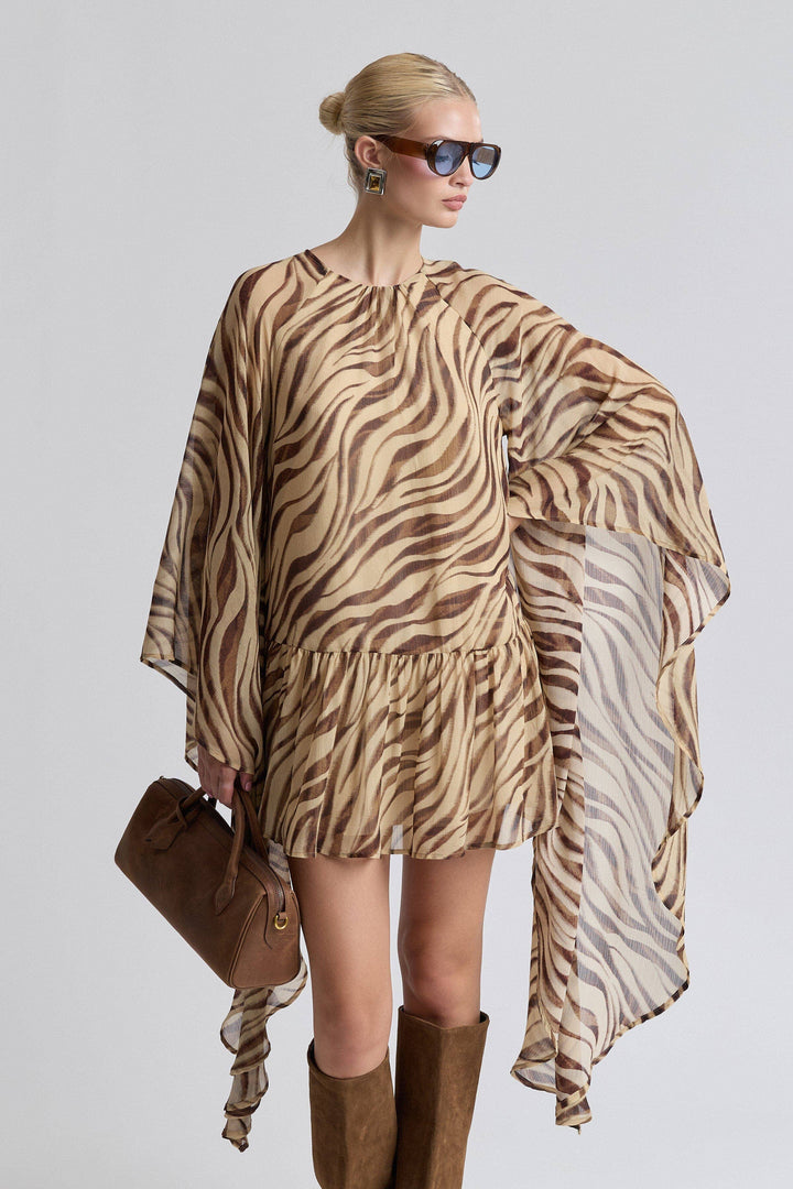 Waterfall Sleeve Zebra Print Crinkle Georgette Mini Dress in Autumn Zebra