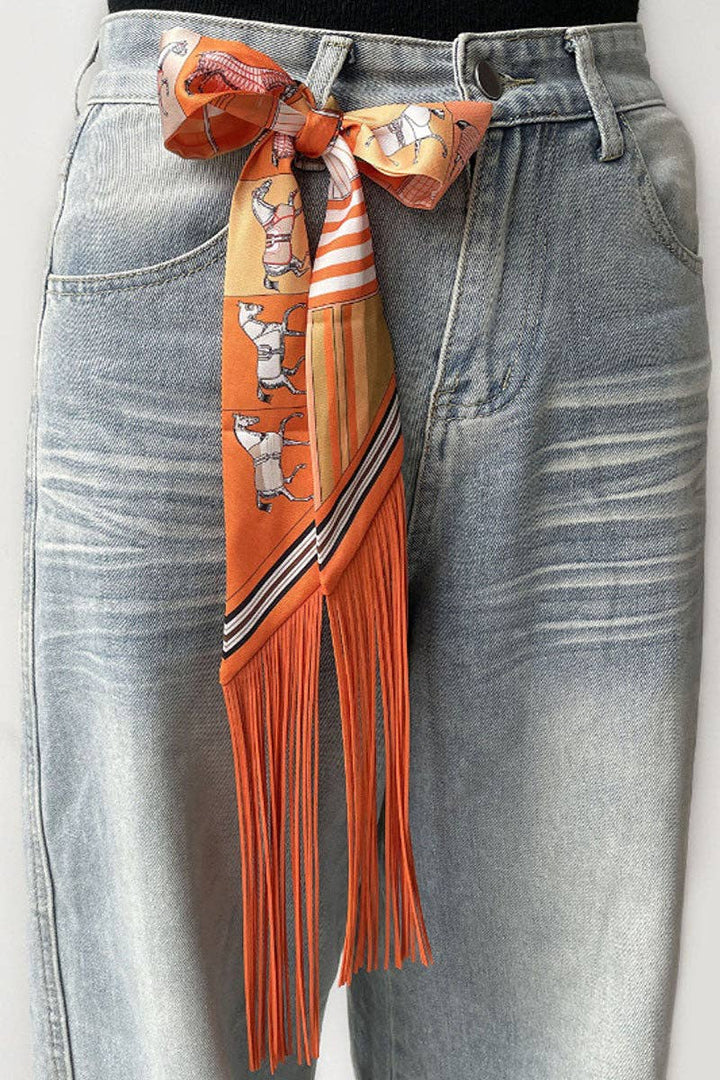 Printed Fringed Detail Scarf in Orange