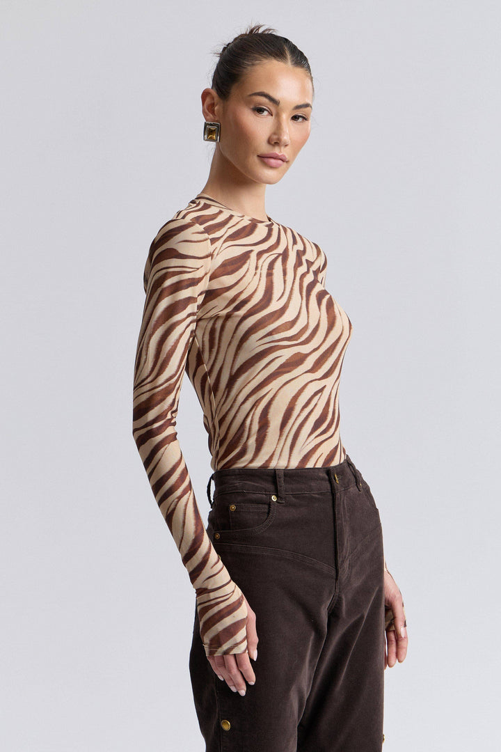 Zebra Stretch Mesh Thumbhole Top in Autumn Zebra
