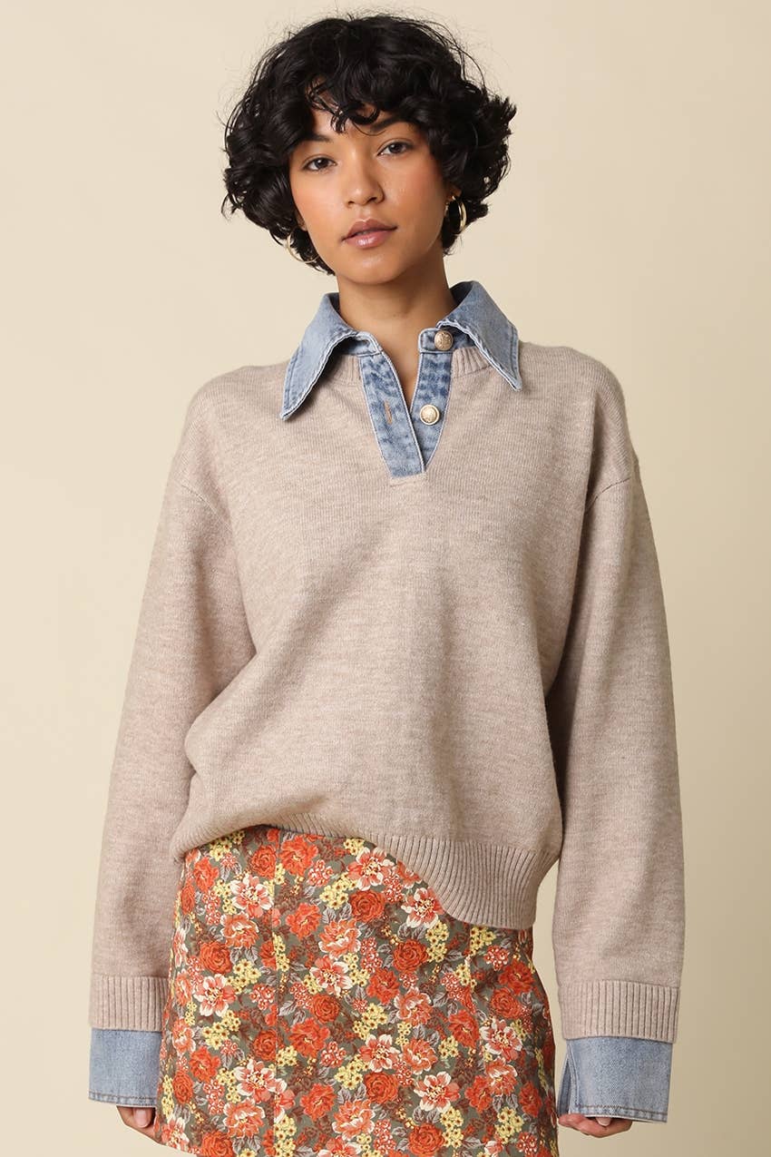 Emely Contrast Knit Sweater: KHAKI LT DENIM / L