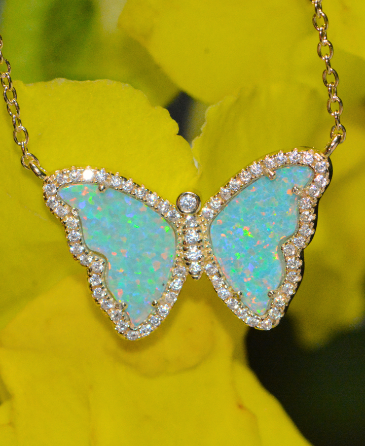 Opal Butterfly Necklace With Crystals: Tangerine Opal / Gold