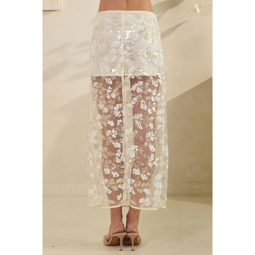 Floral Sequin Mesh Maxi Skirt in White