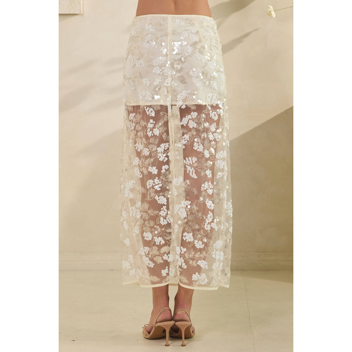 Floral Sequin Mesh Maxi Skirt in White