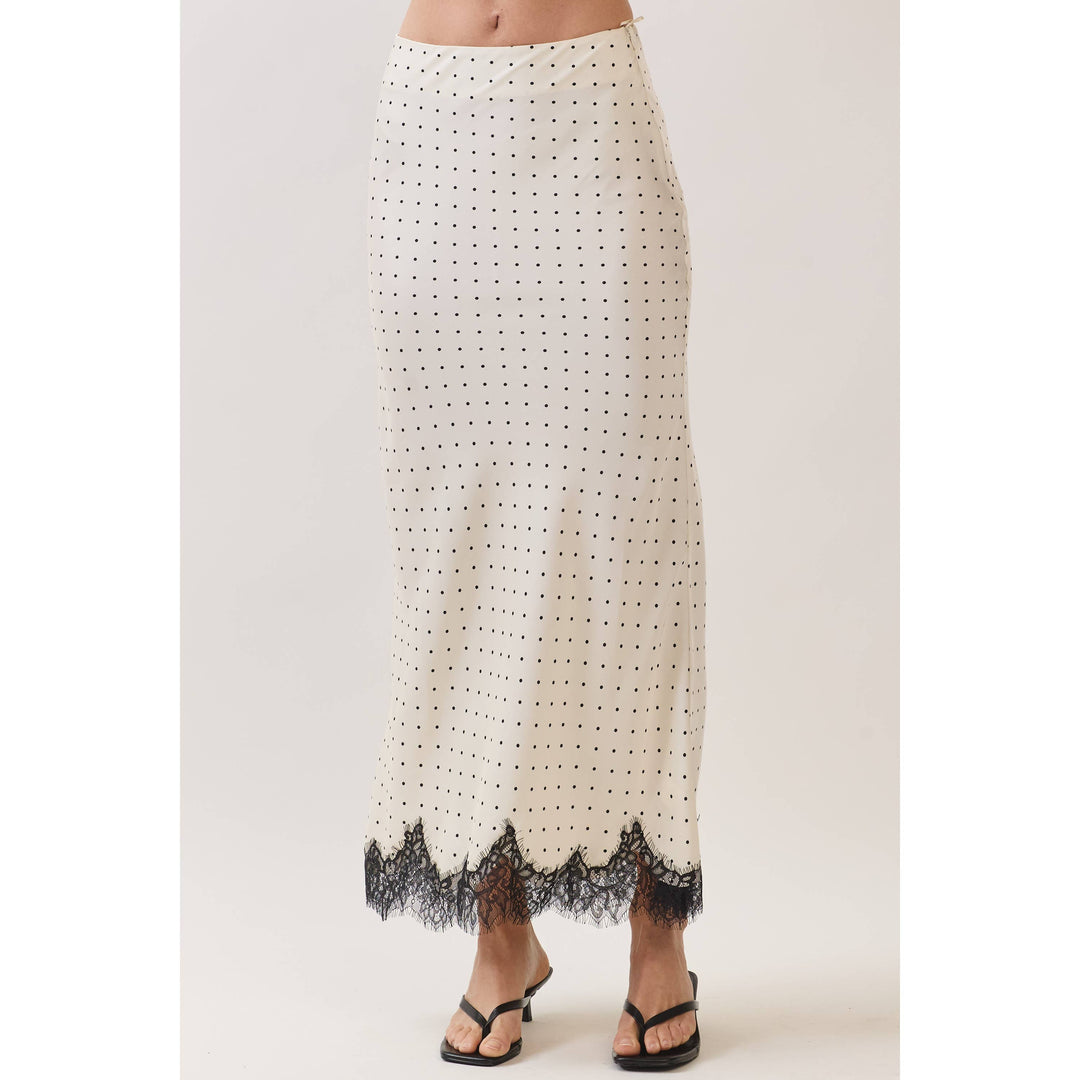 Polka Dot Satin Lace Trim Maxi Skirt in Off white