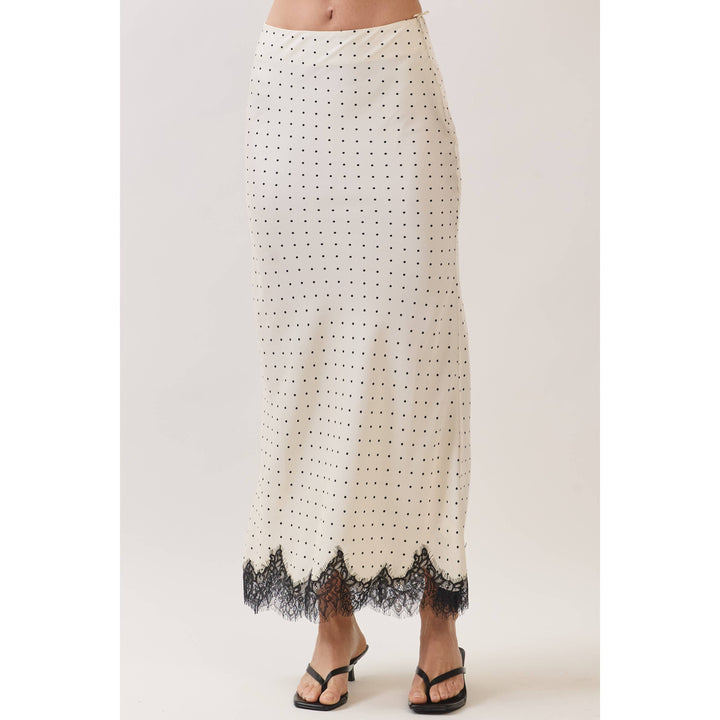 Polka Dot Satin Lace Trim Maxi Skirt in Off white