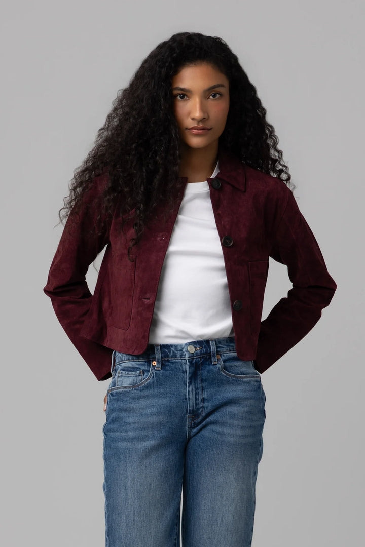 Suede Cropped Blazer in Wine O&