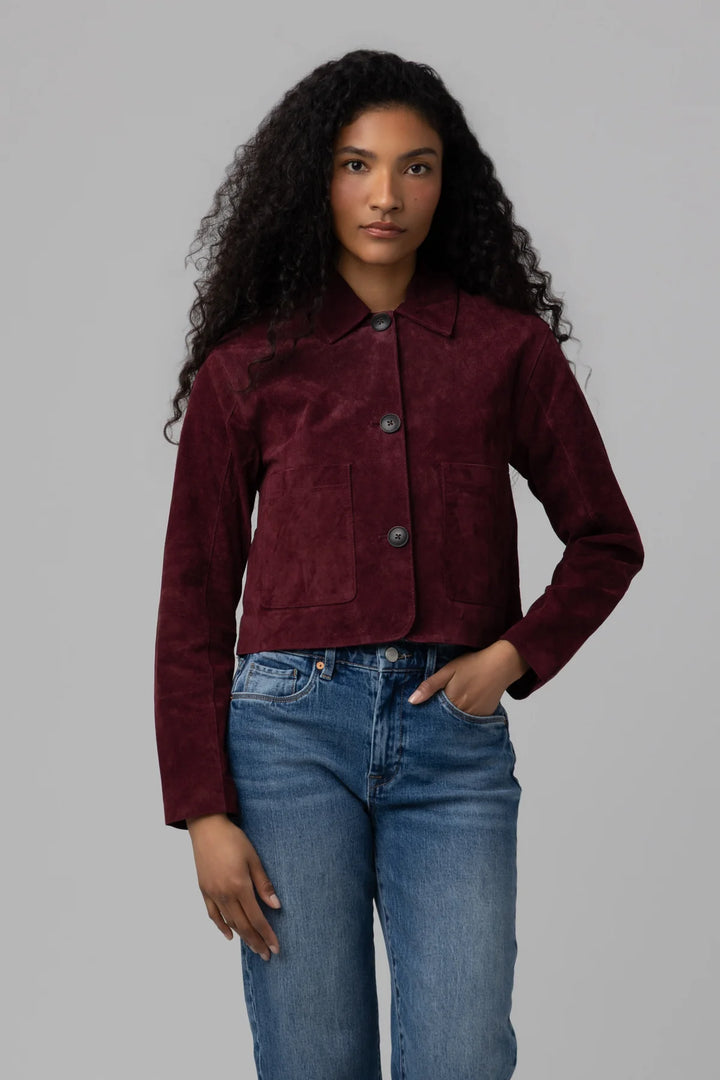 Suede Cropped Blazer in Wine O&