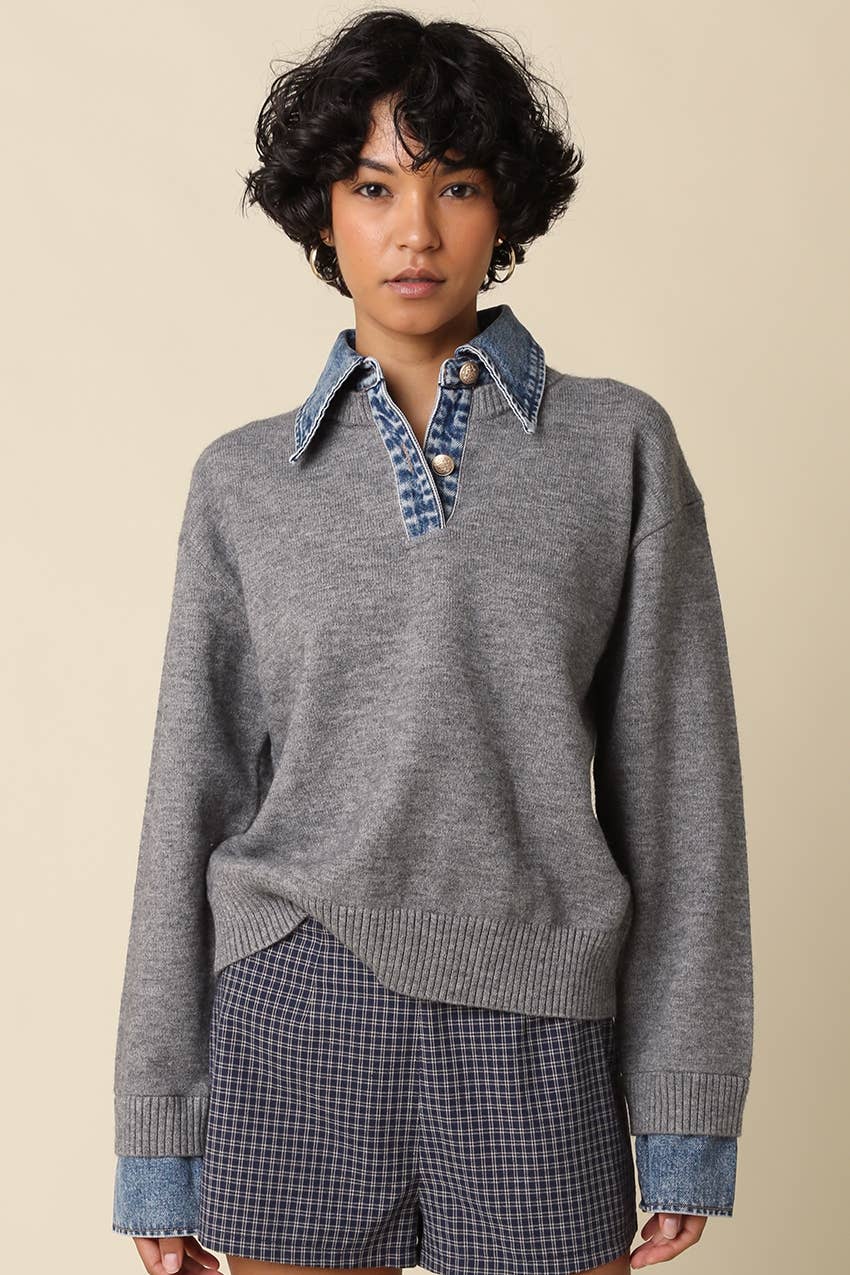 Emely Contrast Knit Sweater: KHAKI LT DENIM / L