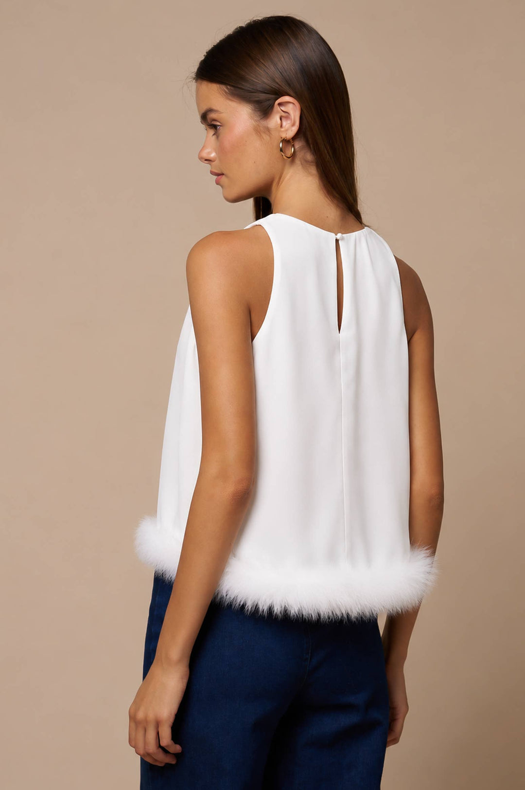 Feather Trim Sleeveless Top in White