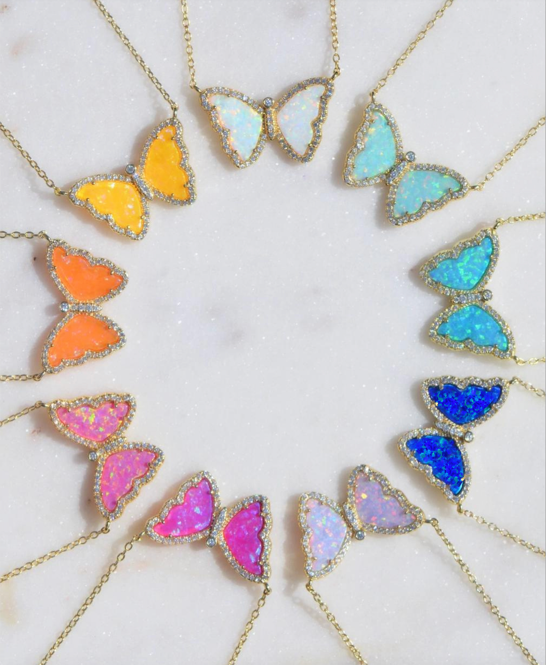 Opal Butterfly Necklace With Crystals: Tangerine Opal / Gold
