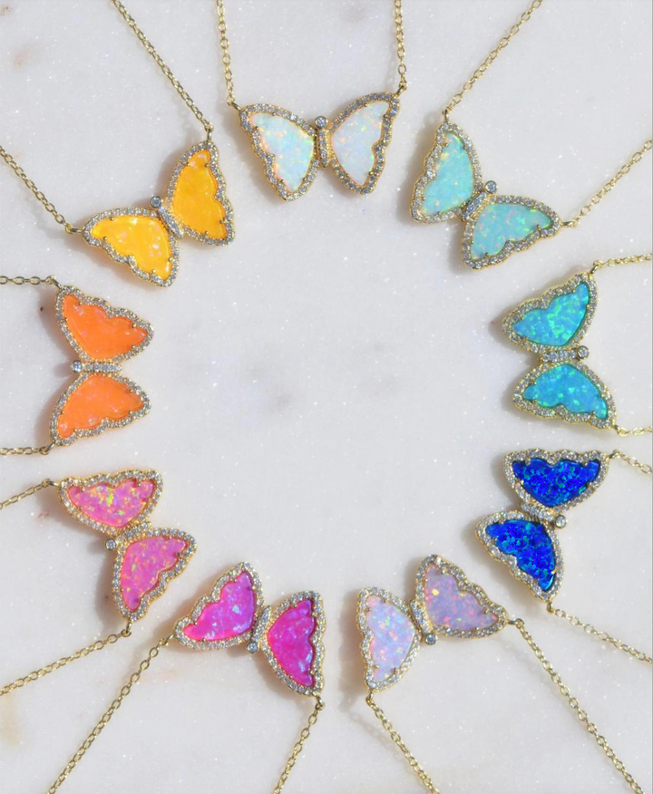 Opal Butterfly Necklace With Crystals: Tangerine Opal / Gold