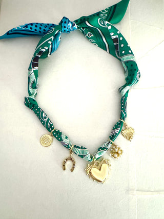 Mother of Pearl 5 Charm Emerald Green Bandana Necklace