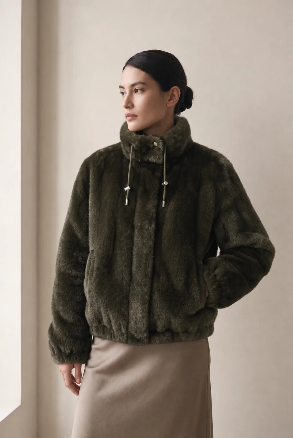 Reversible Faux Fur Bomber Jacket in Army Green