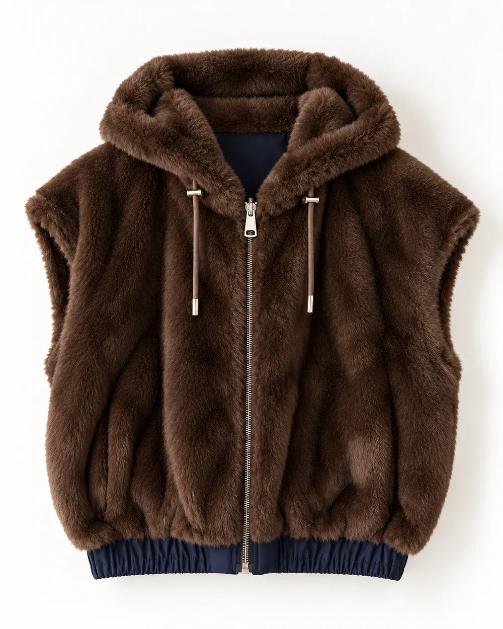 Faux Fur Reversible Vest with Hood in Dark Brown/Navy