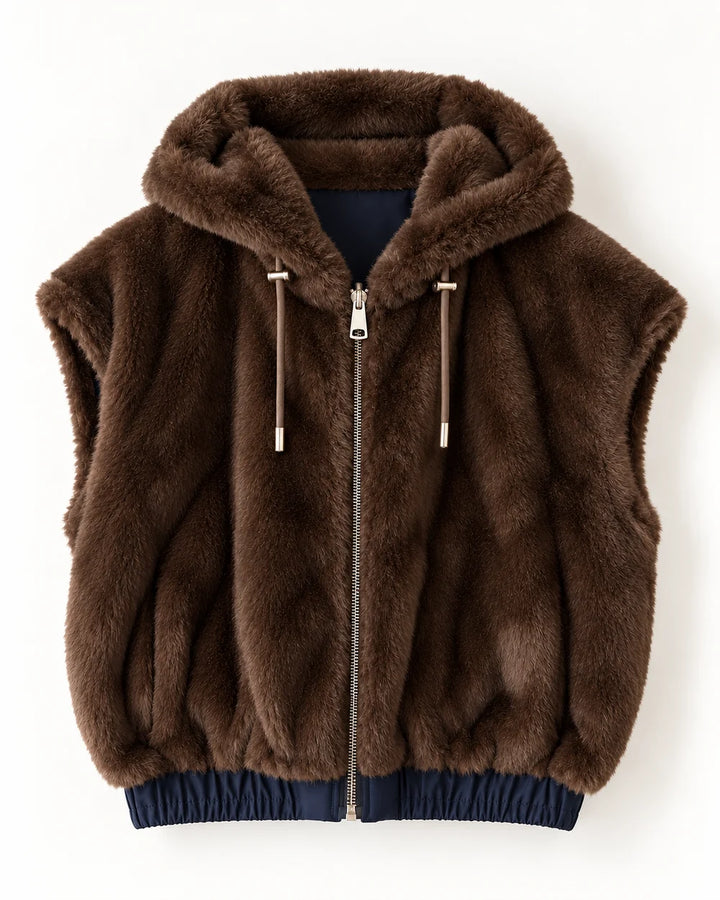 Faux Fur Reversible Vest with Hood in Dark Brown/Navy