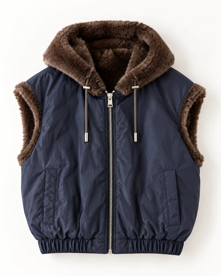 Faux Fur Reversible Vest with Hood in Dark Brown/Navy