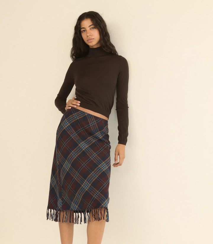 Elowette Knotted Fringe Skirt in Plaid
